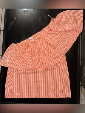 Trina Turk Orange & White Striped One-Shoulder Ruffle Top